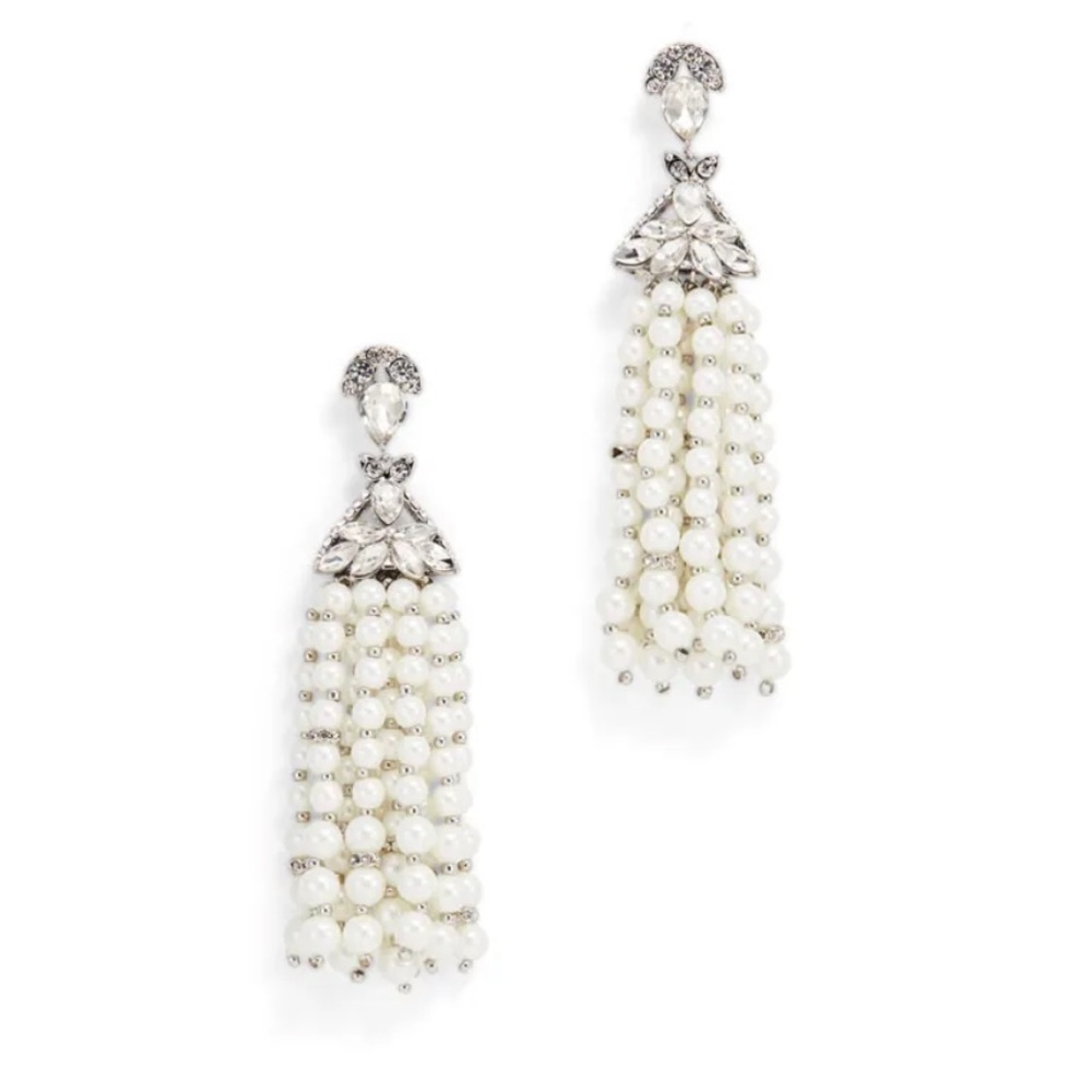 Long diamond and pearl bridal earrings, costume jewelry